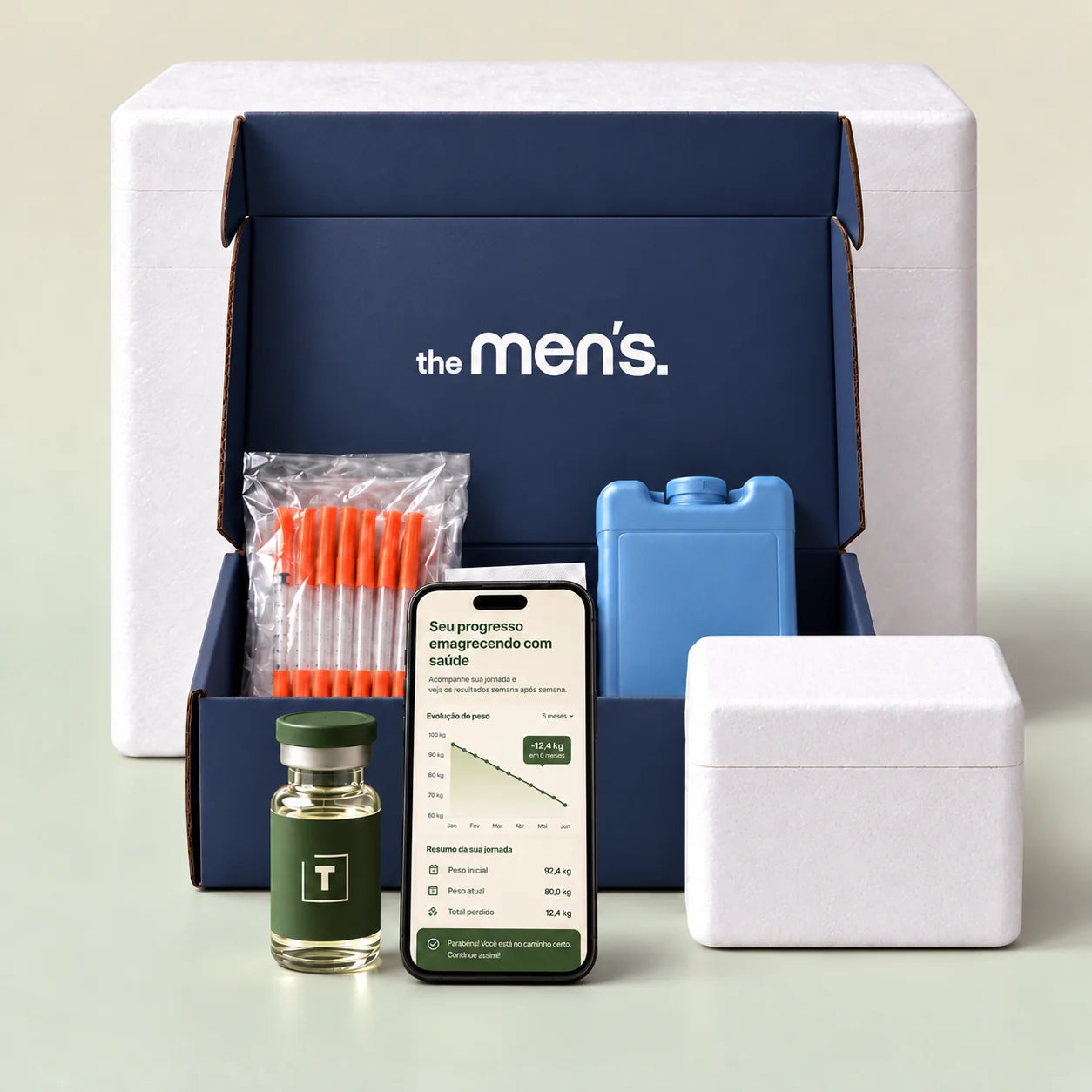 Kit The Men’s: caixa térmica, seringas, gelo reutilizável e o app de acompanhamento do peso